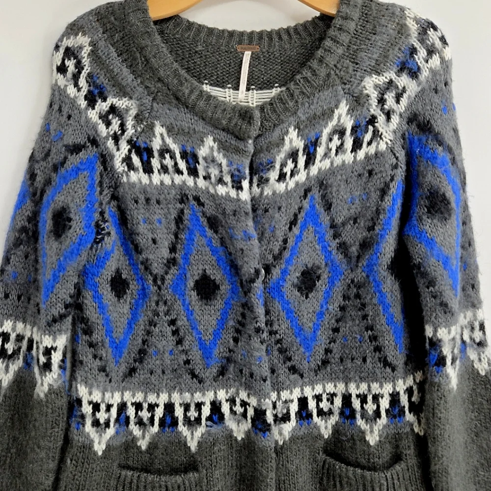 Free People Frosted Fair Isle Gray‎ Blue Cardigan Sweater